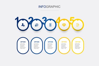 Kullanıcı Yetkilendirmesi, İnternet güvenliği, mobil veriler, veri koruması, mobil ödeme simgeleri Infographic tasarım şablonu. 5 adımlı yaratıcı kavram