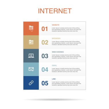 Web sitesi, tarayıcı, web kurabiyeleri, E- posta, Bağlantı simgeleri Infographic tasarım şablonu. 5 adımlı yaratıcı kavram