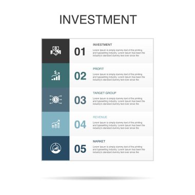 Yatırım, kâr, varlık, gelir, pazar ikonları Infographic tasarım şablonu. 5 adımlı yaratıcı kavram
