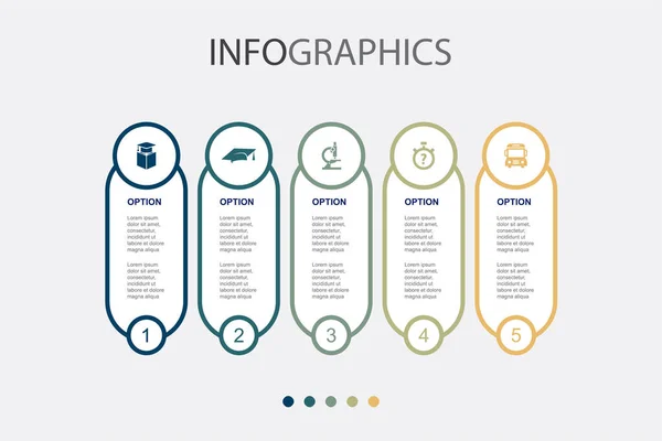 Onderwijs Afstuderen Cap Microscoop Quiz Schoolbus Pictogrammen Infographic Design Template — Stockvector