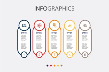 Dijital strateji, yenilik, internet, SEM, SEM simgeleri Infographic tasarım şablonu. 5 adımlı yaratıcı kavram