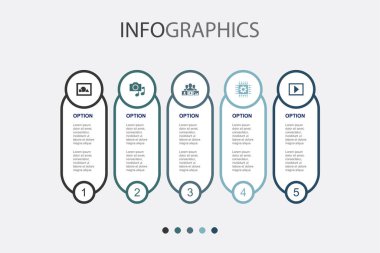İllüstrasyon, medya, sosyal içerik, teknoloji, video simgeleri Infographic tasarım şablonu. 5 adımlı yaratıcı kavram