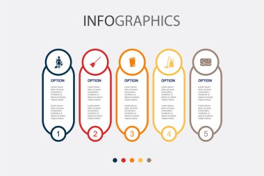 Temizlik, süpürge, çöp tenekesi, elektrikli süpürge, sünger simgeleri Infographic tasarım şablonu. 5 adımlı yaratıcı kavram