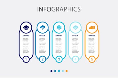 Bulut depolama, Bulut Yedekleme, Veri Merkezi, Bulut Servisi, Melez Depolama simgeleri Infographic tasarım şablonu. 5 adımlı yaratıcı kavram