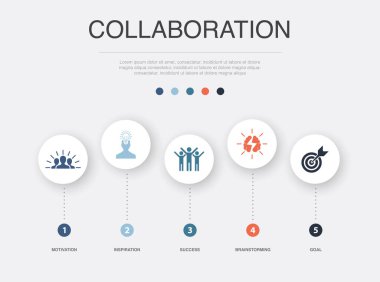 motivasyon, ilham, başarı, beyin fırtınası, hedef simgeleri Infographic tasarım şablonu. 5 adımlı yaratıcı kavram