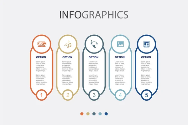 Digitale Inhoud Muziek Vectorafbeelding Foto Artikel Pictogrammen Infographic Design Template — Stockvector