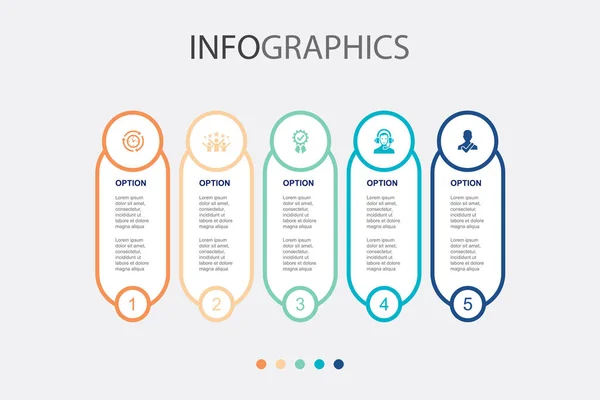 Efficiëntie Tevredenheid Kwaliteit Ondersteuning Betrouwbaarheid Pictogrammen Infographic Design Template Creatief — Stockvector