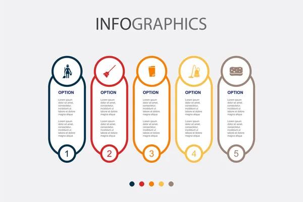 Reiniging Bezem Prullenbak Stofzuiger Spons Pictogrammen Infographic Design Template Creatief — Stockvector