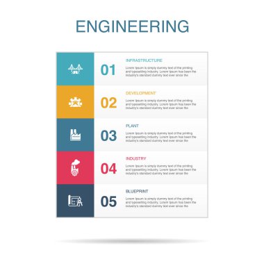 Altyapı, geliştirme, bitki, endüstri, tasarım ikonları Infographic tasarım şablonu. 5 adımlı yaratıcı kavram