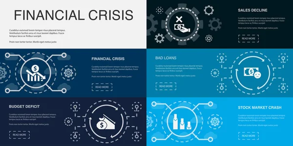 Financiële Crisis Begrotingstekort Omzetdaling Slechte Leningen Beurscrash Pictogrammen Infographic Design — Stockvector