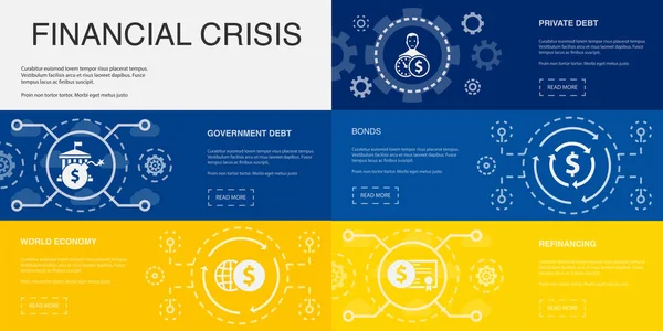 Deuda Pública Economía Mundial Deuda Privada Bonos Iconos Refinanciación Plantilla — Archivo Imágenes Vectoriales