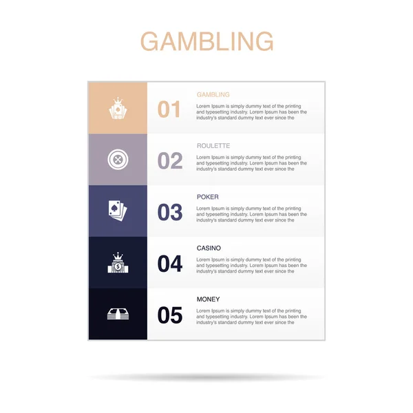 Juegos Azar Ruleta Póquer Casino Iconos Dinero Plantilla Diseño Infográfico — Vector de stock