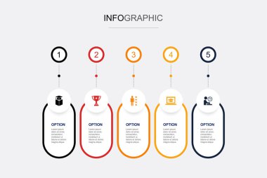 Eğitim, başarı, beceriler, çevrimiçi öğrenme, sınav hazırlama ikonları Infographic tasarım şablonu. 5 adımlı yaratıcı kavram