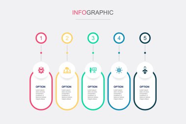 Takım çalışması, iletişim, planlama, yönetim, katkı simgeleri Infographic tasarım şablonu. 5 adımlı yaratıcı kavram