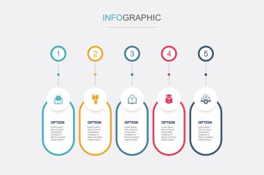 Bilgi, konu, öğrenme, eğitim, bilim simgeleri Infographic tasarım şablonu. 5 adımlı yaratıcı kavram