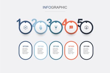 gerçek, teori, yöntem, bilgi, deneyim simgeleri Infographic tasarım şablonu. 5 adımlı yaratıcı kavram