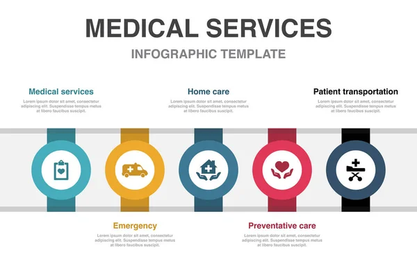 医療サービス ホームケア 予防ケア 患者輸送アイコンインフォグラフィックデザインテンプレート 5つのステップで創造的なコンセプト — ストックベクタ