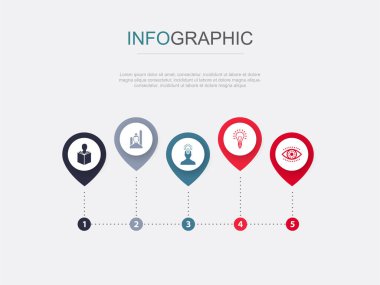 Kendi kendine öğrenme, kişisel gelişim, ilham, yaratıcılık, görüş simgeleri Infographic tasarım şablonu. 5 adımlı yaratıcı kavram