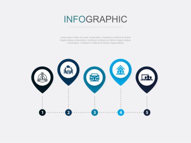 Paylaşım ekonomisi, iş birliği, araba paylaşımı, mülkiyet paylaşımı, aygıt paylaşımı, ikonlar Infographic tasarım şablonu. 5 adımlı yaratıcı kavram