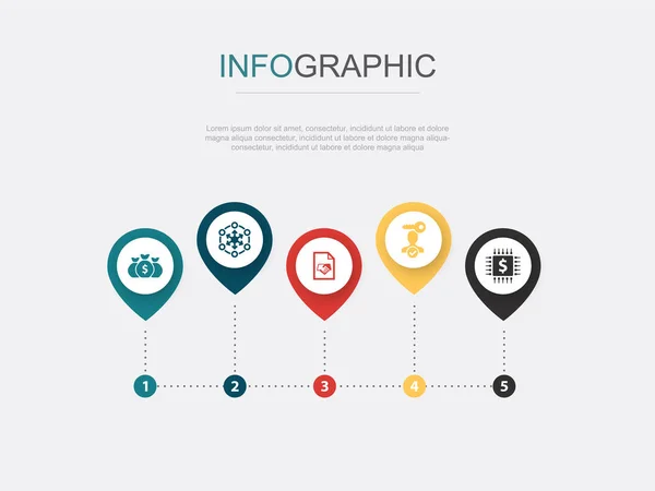 Fonder Decentralisering Avtal Autentisering Fintech Ikoner Infographic Design Mall Kreativt — Stock vektor