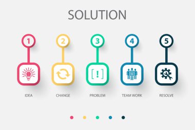 Fikir, değişim, sorun, takım çalışması, ikonları çözme Infographic tasarım şablonu. 5 adımlı yaratıcı kavram