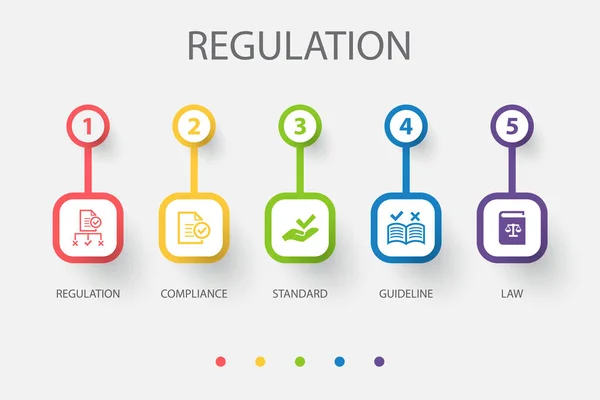 Regolamentazione Conformità Standard Linee Guida Icone Legge Modello Progettazione Infografica — Vettoriale Stock