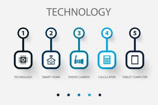 Technologie Smart Home Fotokamera Taschenrechner Tablet Computer Symbole Infografik Design — Stockvektor