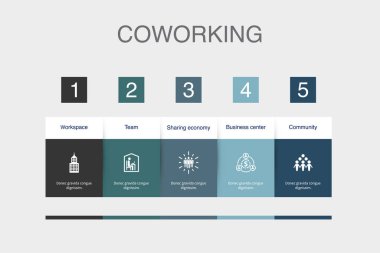 Çalışma alanı, takım, paylaşım ekonomisi, İş Merkezi, Topluluk simgeleri Infographic tasarım şablonu. 5 adımlı yaratıcı kavram