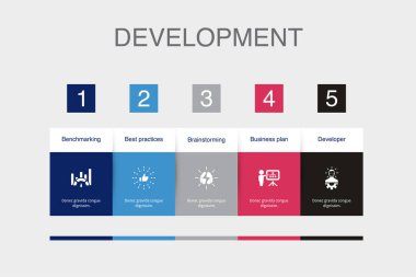 Kriterleme, En İyi Uygulamalar, Beyin Fırtınası, İş Planı, Geliştirici simgeleri Infographic tasarım şablonu. 5 adımlı yaratıcı kavram