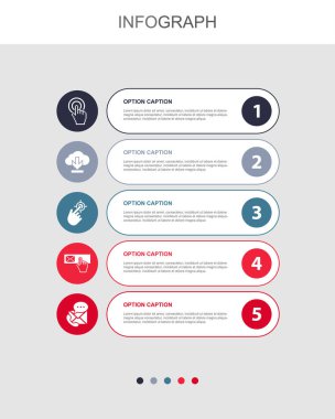 Action 'a Çağrı, indirme, buraya tıklama, abone olma, bize simge Infographic tasarım şablonu ile bağlantı kurma. 5 adımlı yaratıcı kavram