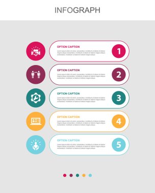 Müşteri ilişkileri, iletişim, hizmet, CRM, müşteri hizmetleri ikonları Infographic tasarım şablonu. 5 adımlı yaratıcı kavram