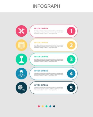 yedek parçalar, hava filtresi, şanzıman, teknisyen, lastik ikonları şişirme Infographic tasarım şablonu. 5 adımlı yaratıcı kavram