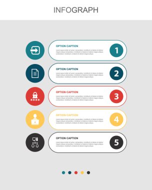 Erişim, belge, şifre, kullanıcı, intranet simgeleri Infographic tasarım şablonu. 5 adımlı yaratıcı kavram