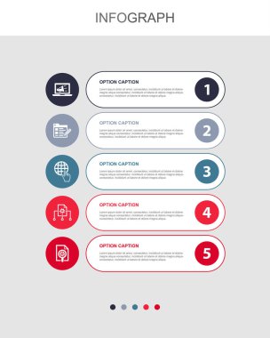 Dijital pazarlama, blog, internet, içerik yönetimi, pazarlama araştırma ikonları Infographic tasarım şablonu. 5 adımlı yaratıcı kavram
