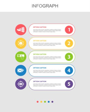 E- posta Pazarlama, Yaratıcı, Üye, Beste, E- posta, E- posta hedef simgeleri Infographic tasarım şablonu. 5 adımlı yaratıcı kavram