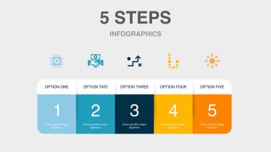 Teknoloji, yatırım, strateji, plan, finansman ikonları Infographic tasarım şablonu. 5 adımlı yaratıcı kavram
