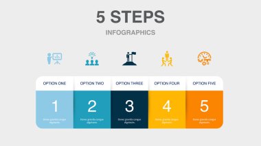 İş Planlama, İşbirliği Fikri, Liderlik, Takım oluşturma, Üretim ikonları Infographic tasarım şablonu. 5 adımlı yaratıcı kavram
