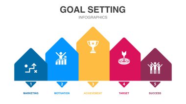 Pazarlama, motivasyon, başarı, hedef, başarı ikonları Infographic tasarım şablonu. 5 adımlı yaratıcı kavram