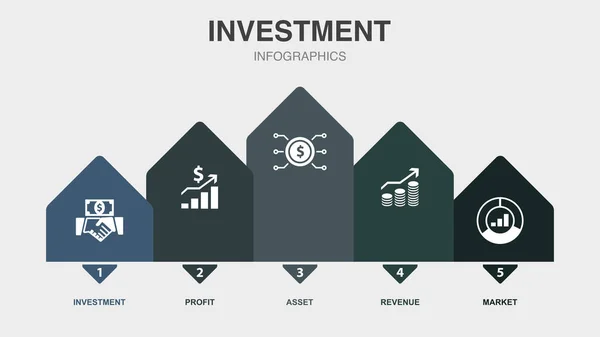 Inversión Beneficios Activos Ingresos Iconos Del Mercado Plantilla Diseño Infográfico — Vector de stock