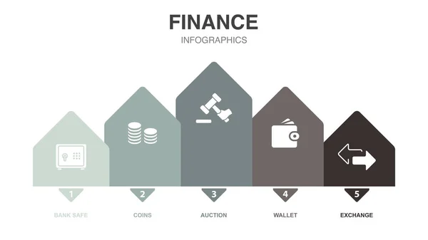 Bankovní Trezor Mince Aukce Peněženka Výměna Ikony Infographic Design Template — Stockový vektor