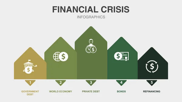 政府債務 世界経済 民間債務 アイコンの再融資インフォグラフィックデザインテンプレート 5つのステップで創造的なコンセプト — ストックベクタ