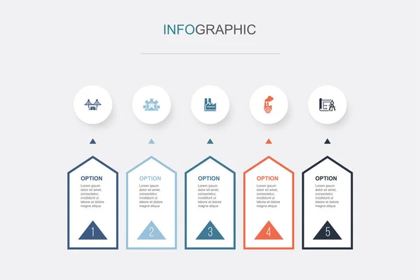 Infraestructura Desarrollo Planta Industria Iconos Planos Plantilla Diseño Infográfico Concepto — Vector de stock