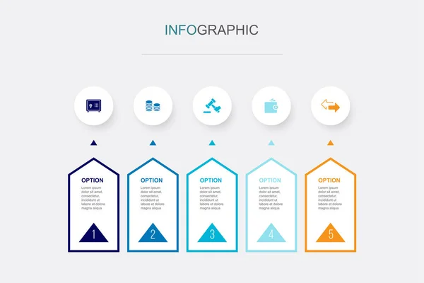 Bankkluis Munten Veiling Portemonnee Exchange Pictogrammen Infographic Design Template Creatief — Stockvector