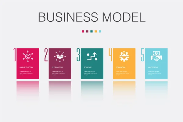 Business Model Distributie Strategie Teamwork Investering Pictogrammen Infographic Design Template — Stockvector