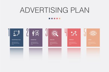 Reklam Planı, pazarlama, analiz, strateji, görüş simgeleri Infographic tasarım şablonu. 5 adımlı yaratıcı kavram