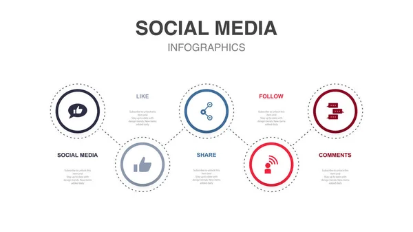 ソーシャルメディアは フォロー コメントアイコンインフォグラフィックデザインテンプレートなどです 5つのステップで創造的なコンセプト — ストックベクタ