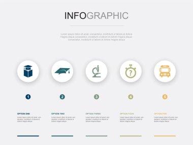 Eğitim, mezuniyet şapkası, mikroskop, sınav, okul servisi ikonları Infographic tasarım şablonu. 5 adımlı yaratıcı kavram