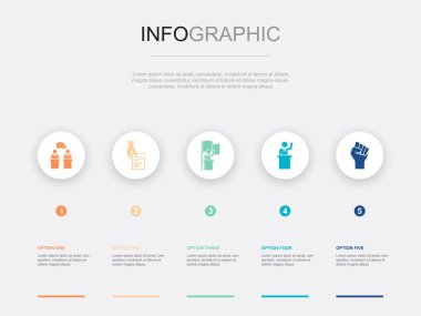 Tartışma, referandum, göreve başlama, başkan, muhalefet ikonları Infographic tasarım şablonu. 5 adımlı yaratıcı kavram