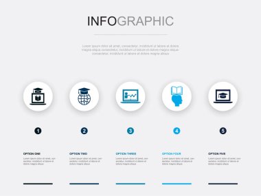 Mesafe öğrenme, çevrimiçi eğitim, webinar, öğrenme süreci, simge geliştirme Infographic tasarım şablonu. 5 adımlı yaratıcı kavram
