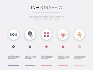 Dijital devrim, internet, engelleme zinciri, yenilik, robot ikonları Infographic tasarım şablonu. 5 adımlı yaratıcı kavram